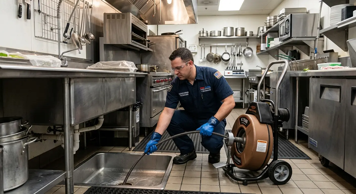 Commercial drain cleaning service in a restaurant kitchen in Port Jefferson