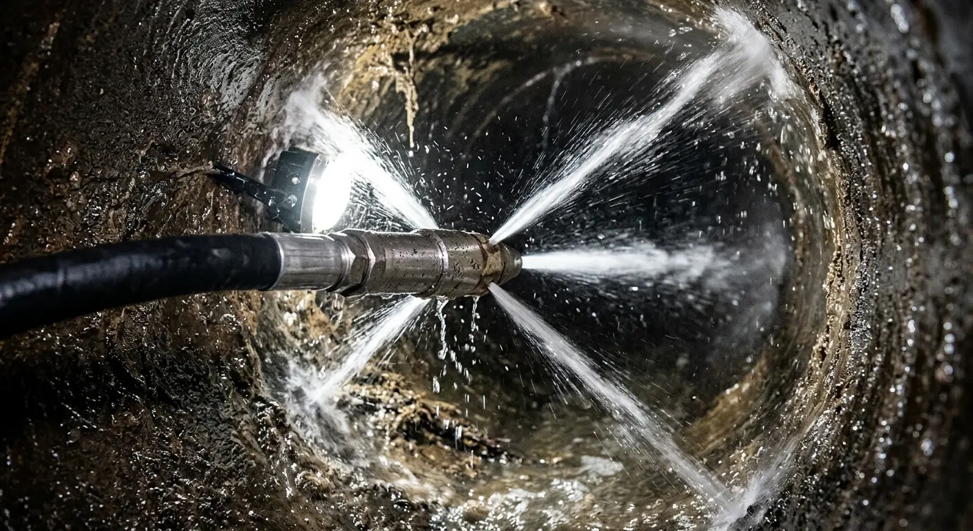 High-pressure hydro jetting nozzle cleaning sewer pipe for Trenchless Sewer Repair in Port Jefferson