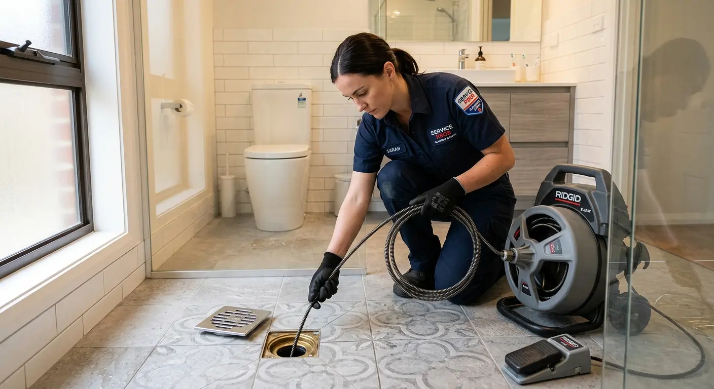 Technician clearing a bathroom floor drain for Drain Repair in Port Jefferson